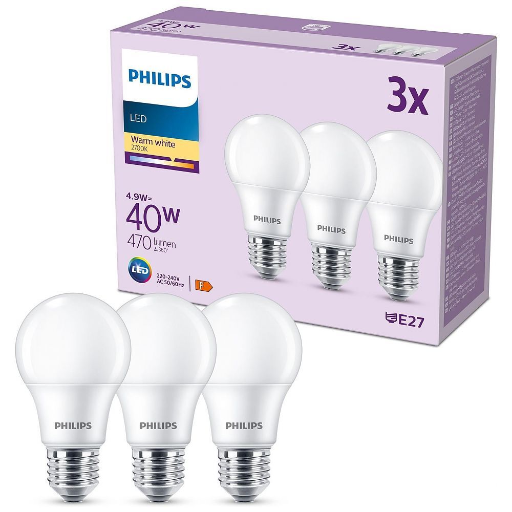 PHILIPS LED Lampe Classic 40W - 3er-Pack 3x E27 / 4.9W 2700K (929003540253)