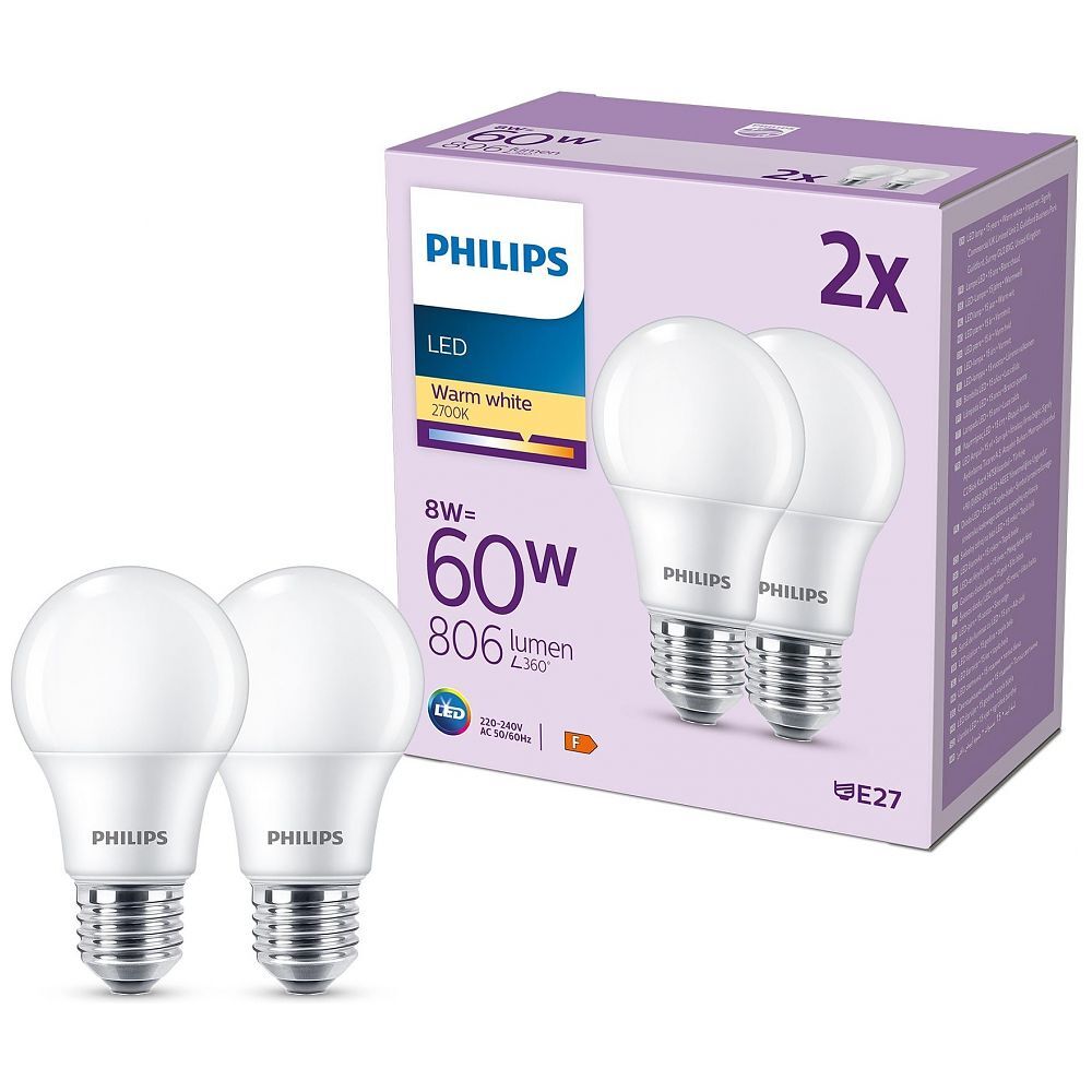 PHILIPS LED Lampe Classic 60W - 2er-Pack 2x E27 / 8W 2700K (929002306282)