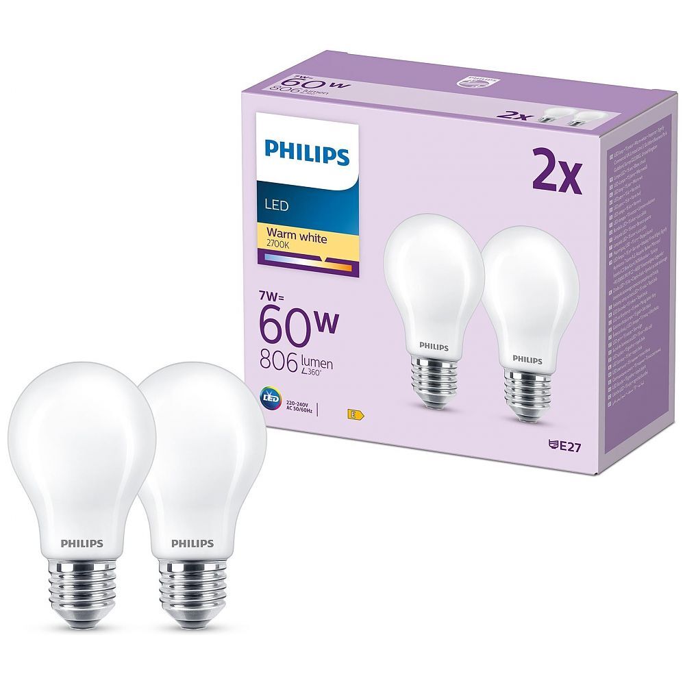 PHILIPS LED Lampe Classic 60W - 2er-Pack 2x E27 / 7W 2700K (929001243092)
