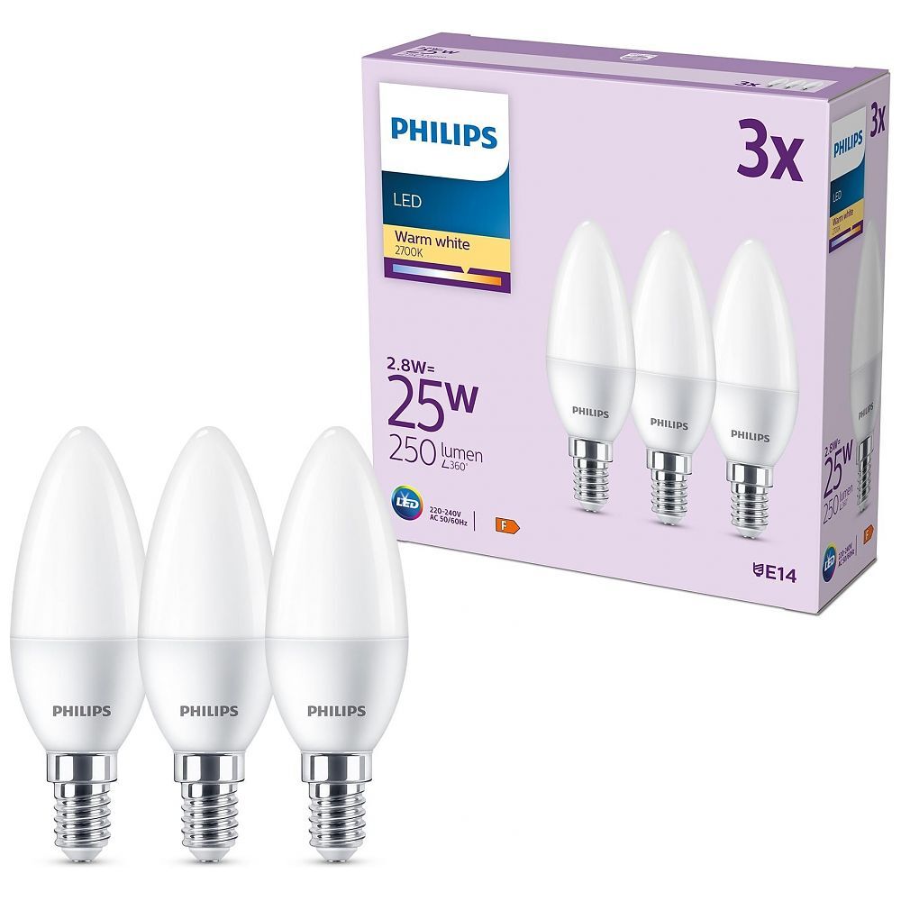 PHILIPS LED Lampe Kerze 25W - 3er-Pack 3x E14 / 2.8W 2700K (929003546693)