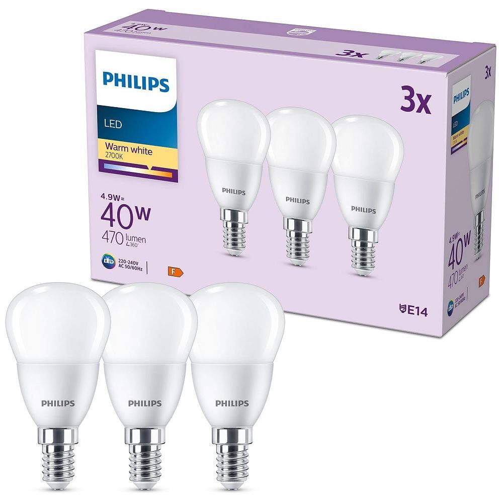 PHILIPS LED Lampe Classic 40W - 3er-Pack 3x E14 / 4.9W 2700K (929003546593)