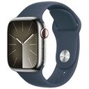 APPLE Watch Series 9 GPS + Cellular, 41mm Edelstahlgehäuse, Silber mit Sportarmband, Sturmblau S/M (MRJ23QF/A)
